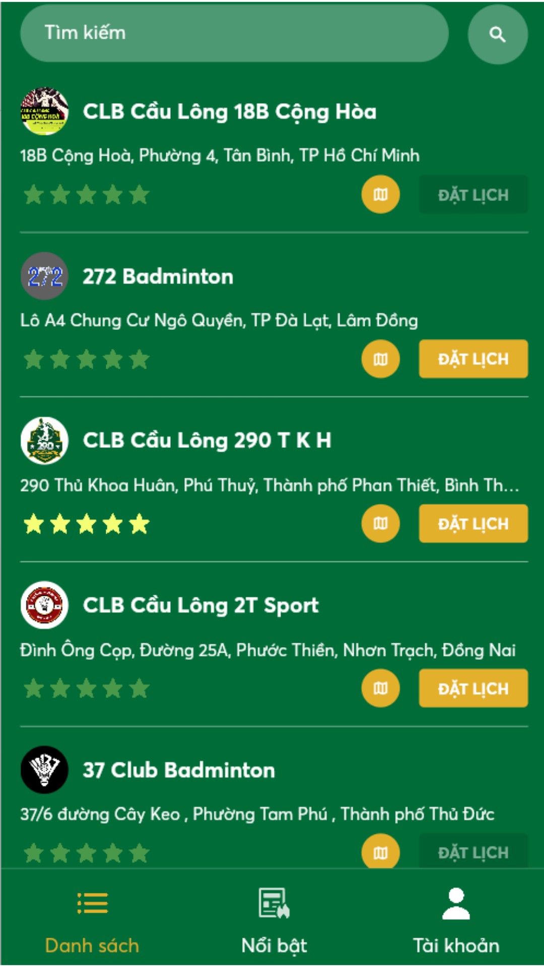 Nhập tên sân cầu lông cần tìm vào thanh tìm kiếm