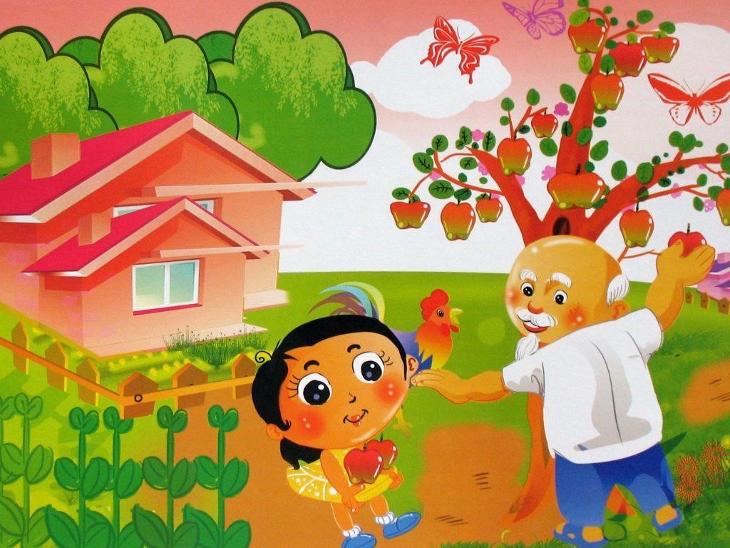 Minh họa truyện Cây Táo với hình ảnh bé và ông đang hái quả