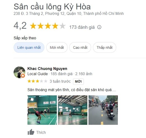 Sân Kỳ Hòa được đánh giá 4,2 sao trên Google Map