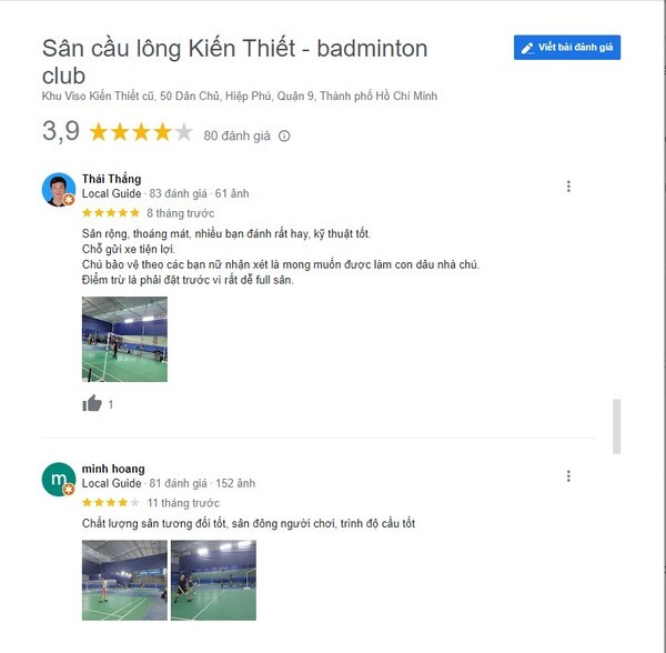 Khách hàng đánh giá rất tốt về chất lượng sân