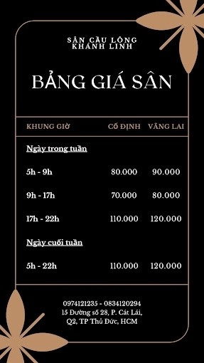 Bảng thông báo quy định và giá cả tại sân cầu lông Khánh Linh