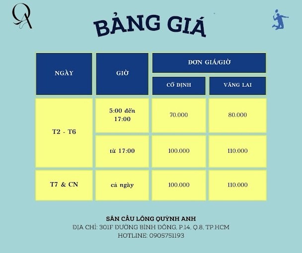 Bảng thông báo quy định và giá thuê sân tại quầy lễ tân