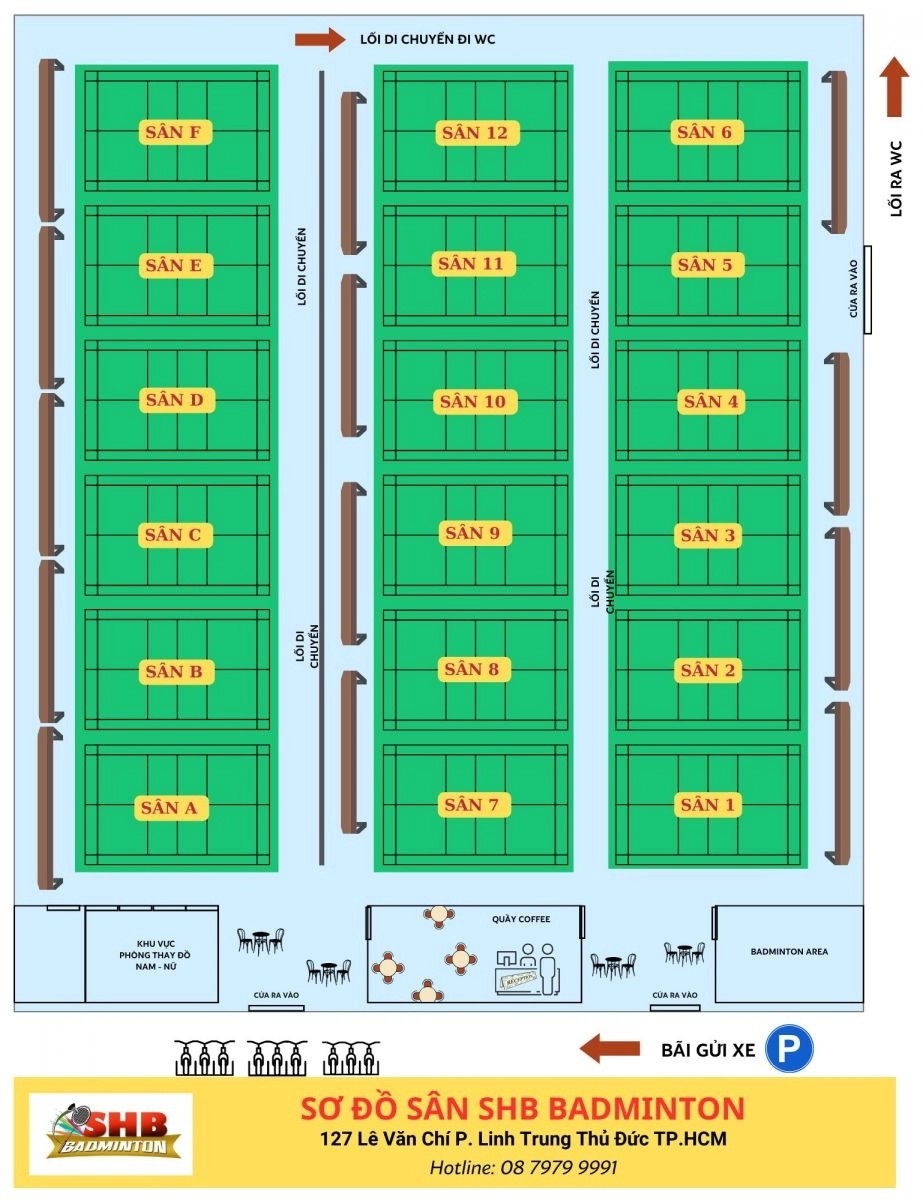 Sơ đồ bố trí các sân tại SHB Badminton Thủ Đức