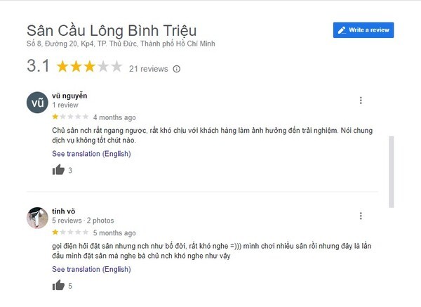 Khách hàng phản hồi bức xúc về thái độ của chủ sân