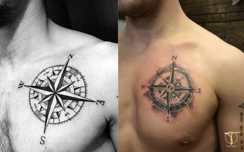 Hình xăm la bàn chỉ hướng trên ngực nam