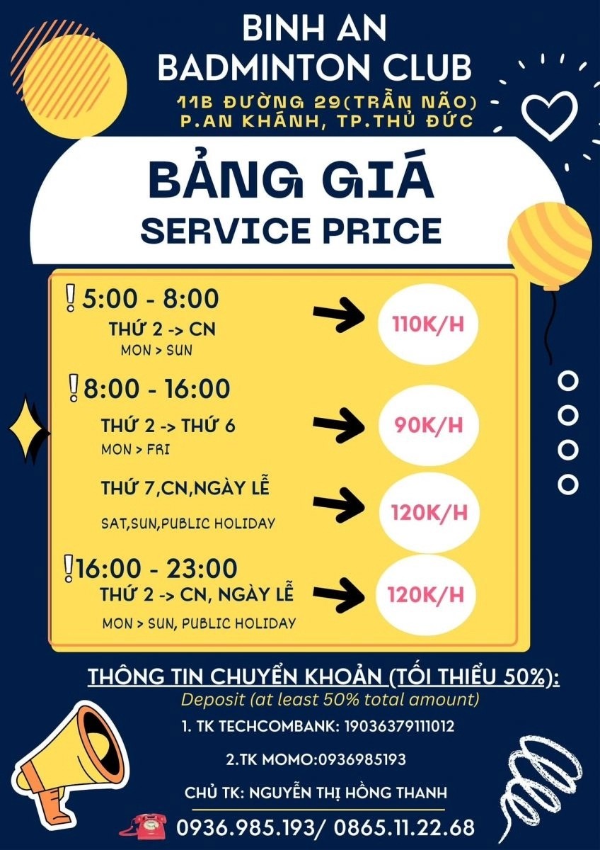 Bảng thông báo quy định và giá thuê tại sân cầu lông Bình An