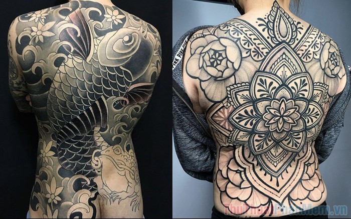 Cô gái với hình xăm phong cảnh biển trên lưng