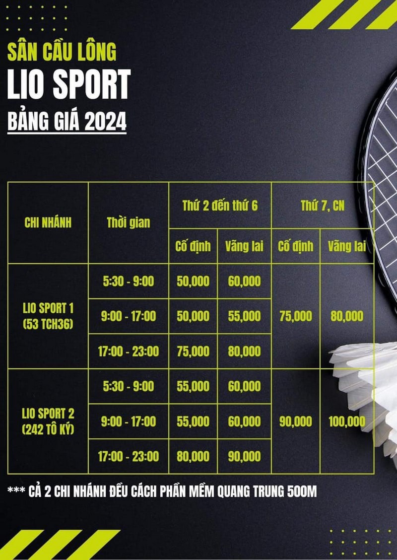Mức giá ỏ Sân cầu lông LIO SPORT 2