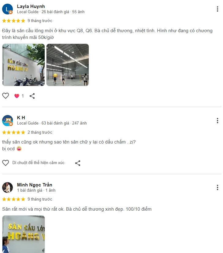 Phản hồi tích cực từ người chơi về sân cầu lông Hoàng Vy