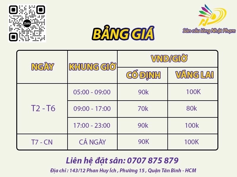Bảng giá sân cầu lông Nhật Phạm