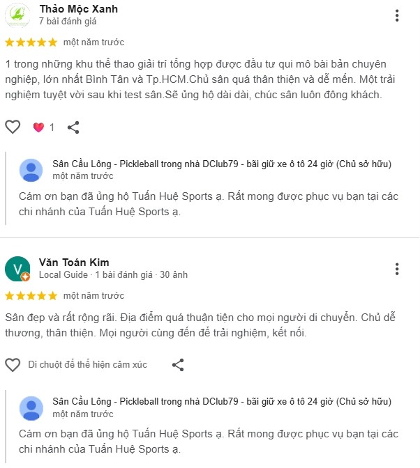 Đánh giá của người chơi tại sân Pickleball Tuấn Huệ