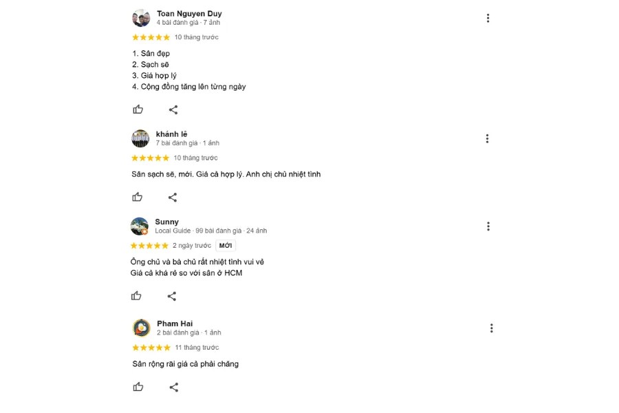 Biểu đồ đánh giá sân Pickleball Hữu Nghị từ người chơi