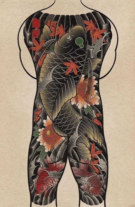 Hình xăm cá chép hóa rồng với màu sắc rực rỡ và đường nét mạnh mẽ