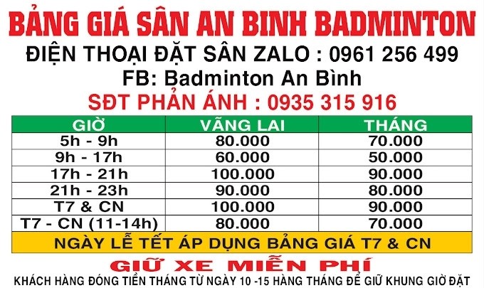 Bảng giá tham khảo và các dịch vụ đi kèm tại sân cầu lông An Bình