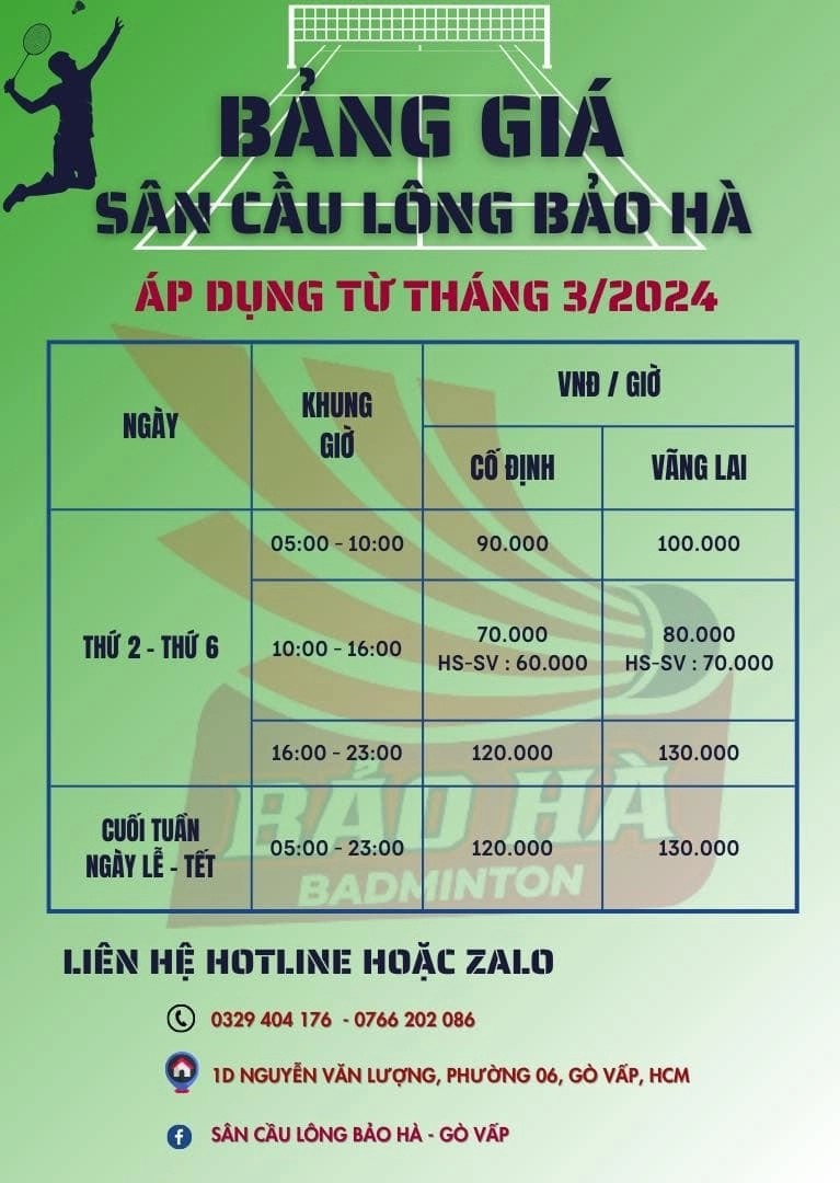Bảng giá tham khảo dịch vụ thuê sân cầu lông Bảo Hà