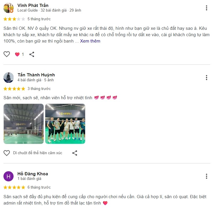 Đánh giá của người chơi tại sân cầu lông HAAN BADMINTON CLUB