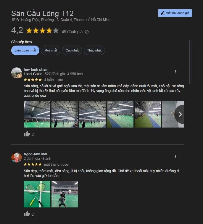 Đánh giá sân cầu lông T12