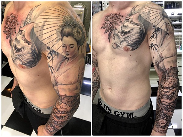 Hình xăm Oni Hannya bên cạnh hình ảnh Geisha