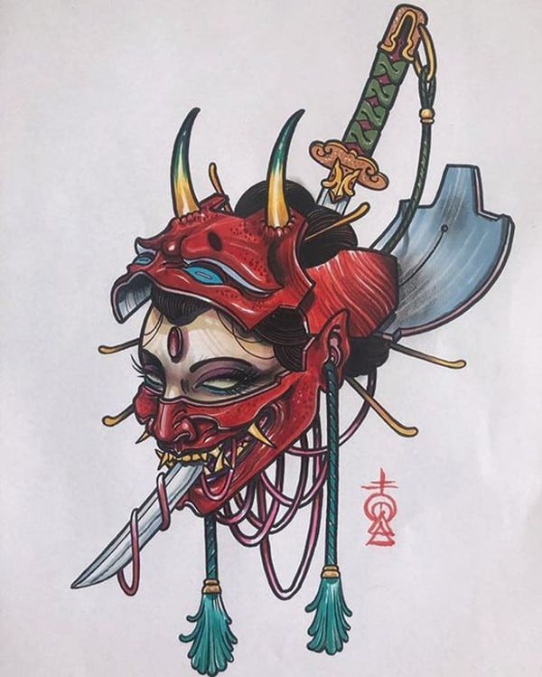 Mẫu hình xăm mặt nạ quỷ Oni đẹp