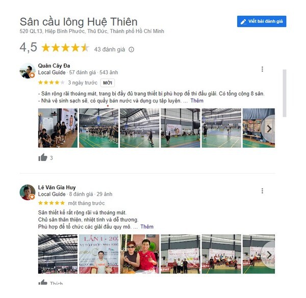 Sân cầu lông Huệ Thiên nhận được nhiều phản hồi tích cực từ khách hàng