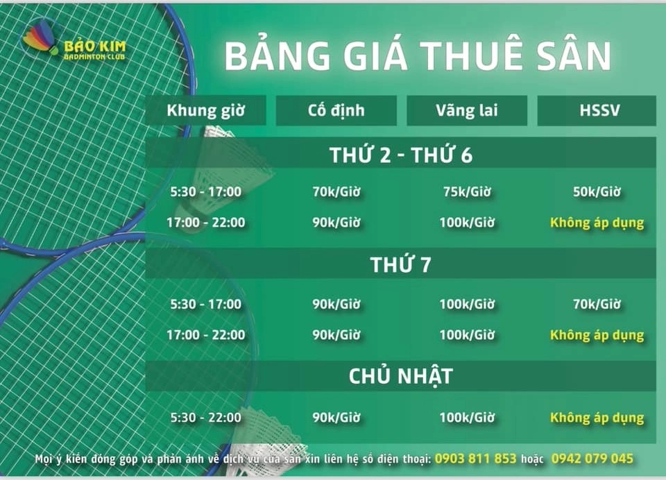 Bảng giá sân cầu lông Bảo Kim