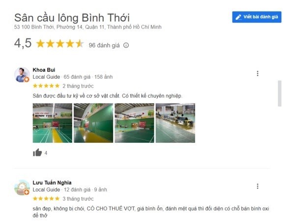 Đánh giá của khách hàng trên Google Map về chất lượng sân Bình Thới