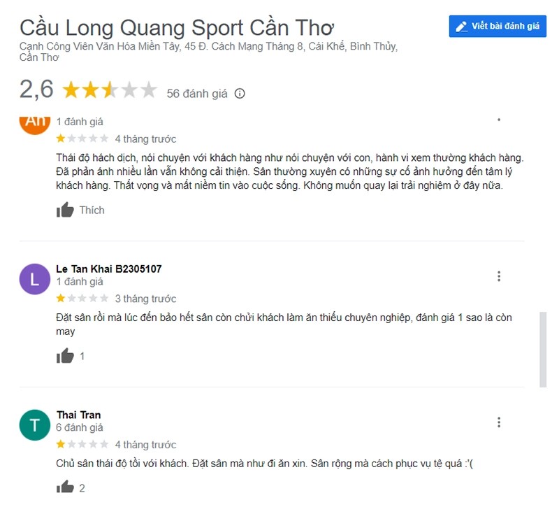 Đánh giá của khách hàng khi trải nghiệm tại sân