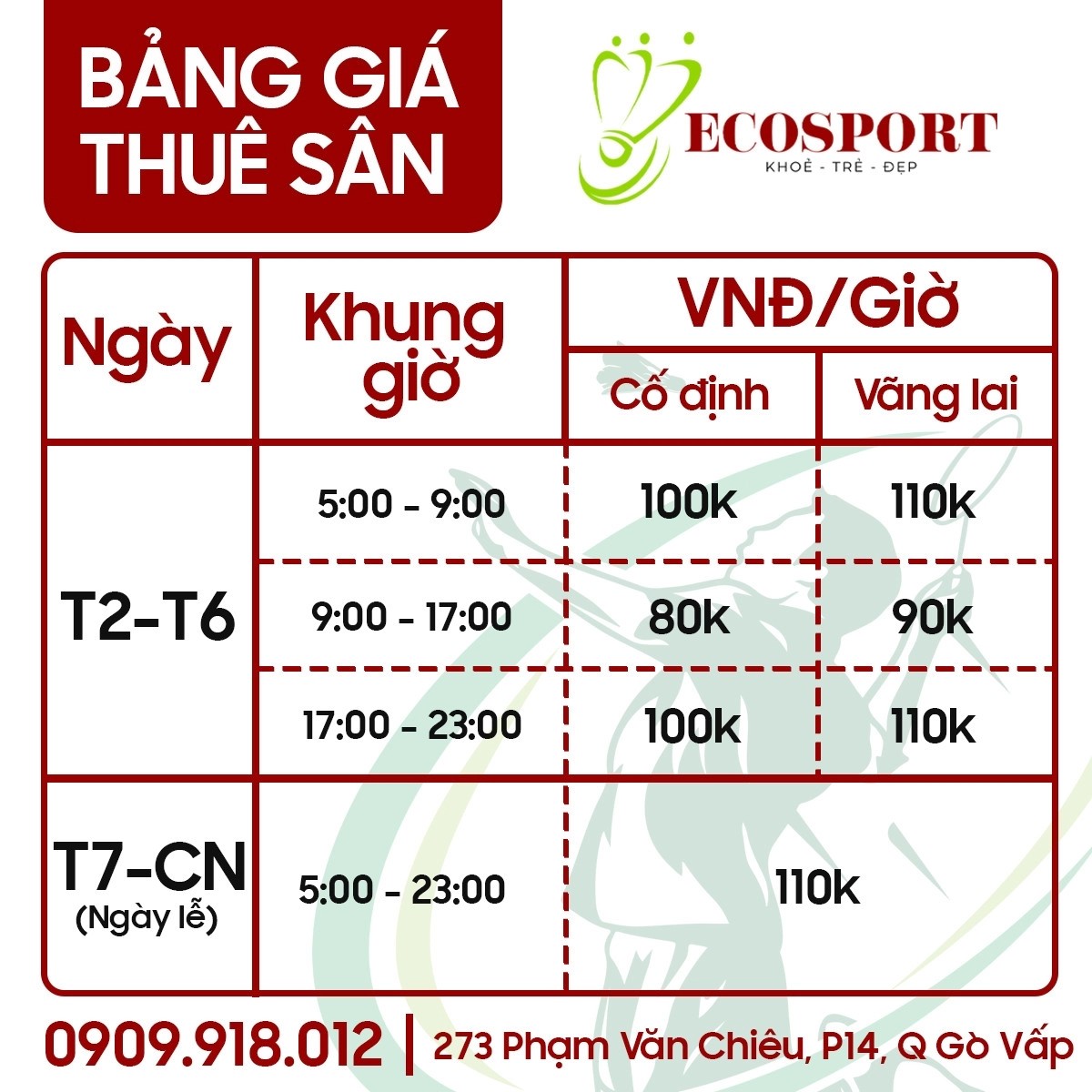 Giá thuê sân cầu lông ECOSPORT
