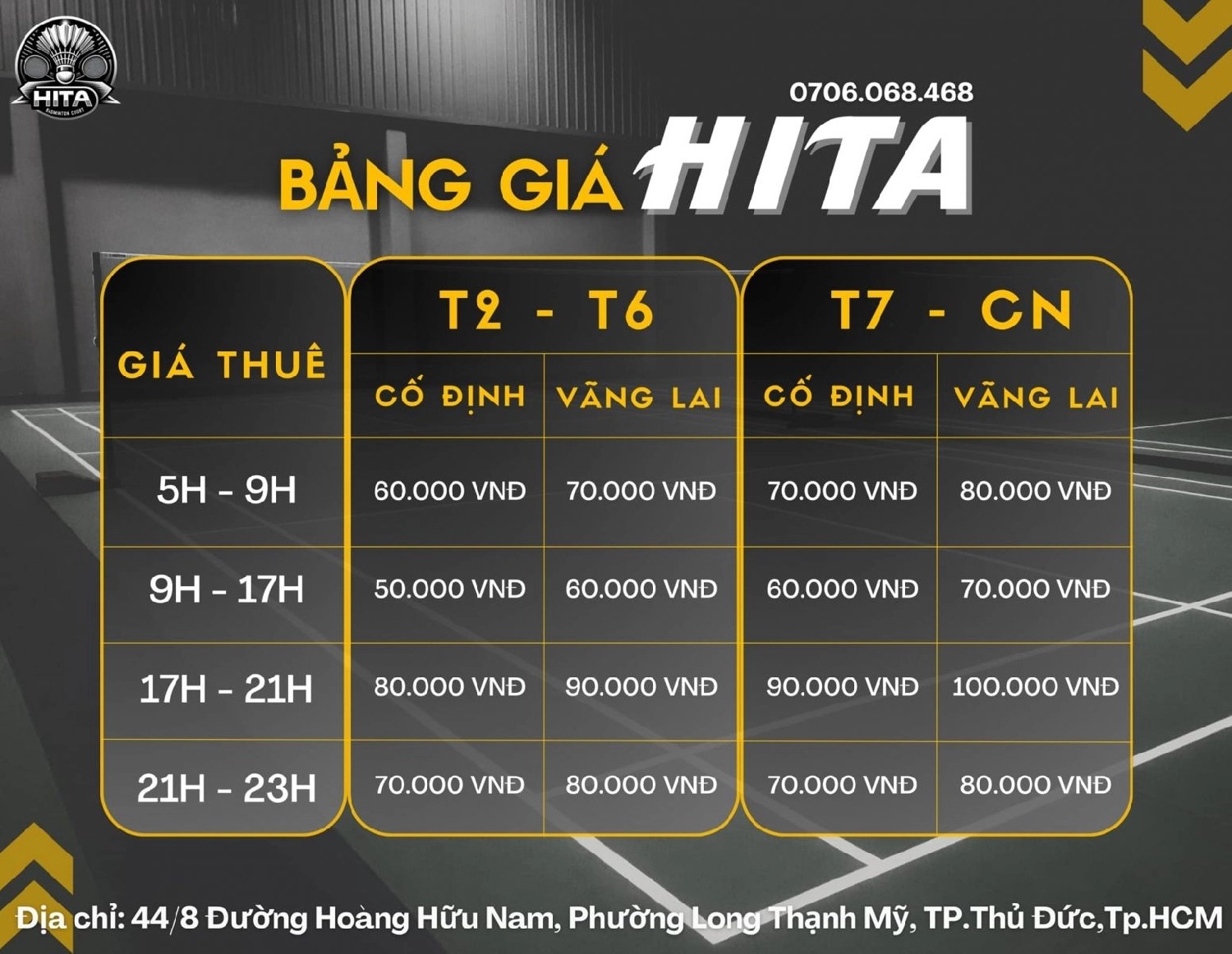 Bảng giá sân cầu lông HITA
