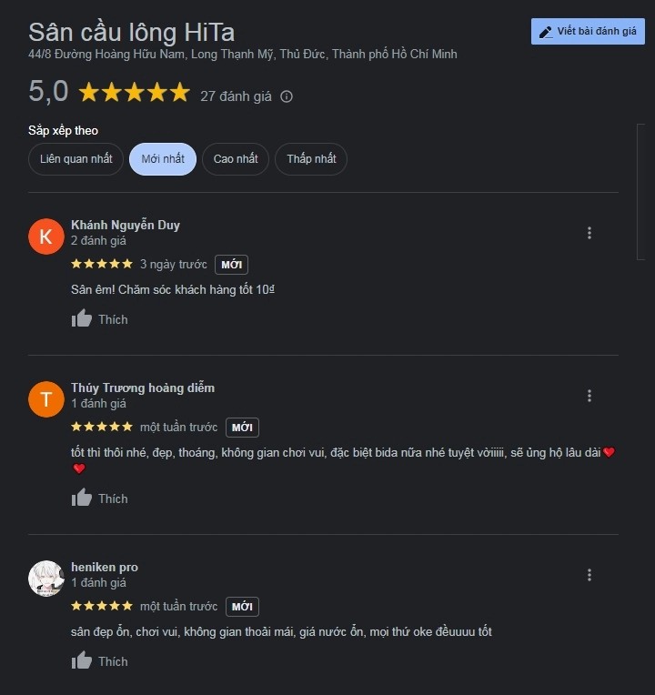 Đánh giá sân cầu lông HITA