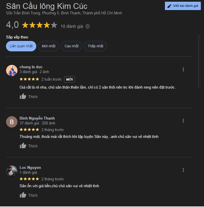Đánh giá sân cầu lông Kim Cúc