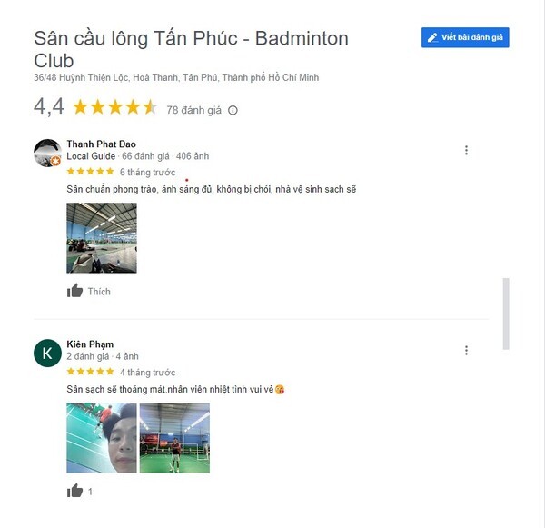 Khách hàng đánh giá rất tích cực về chất lượng và cơ sở vật chất tại sân Tấn Phúc