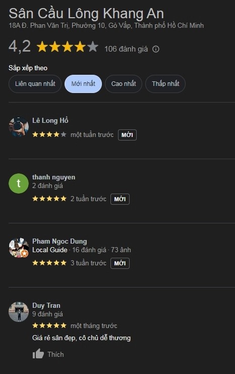 Đánh giá sân cầu lông Khang An
