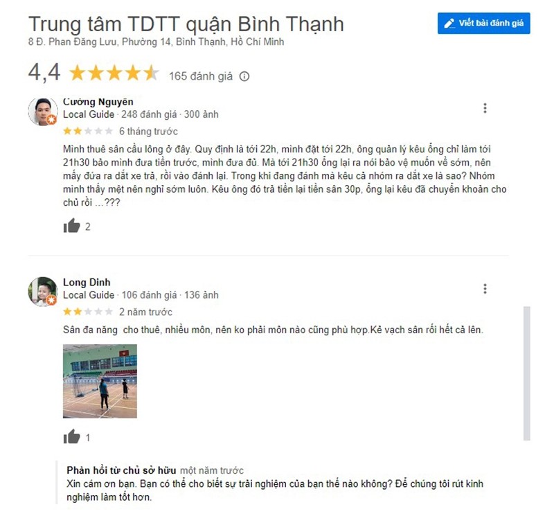 Phản hồi của người chơi về sân cầu lông Phan Đăng Lưu