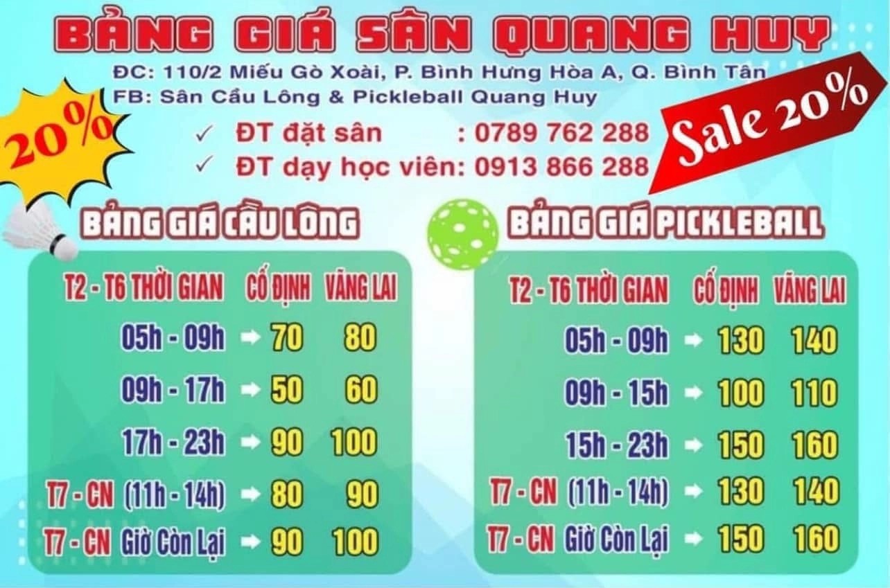 Bảng giá thuê sân cầu lông Pickleball Quang Huy