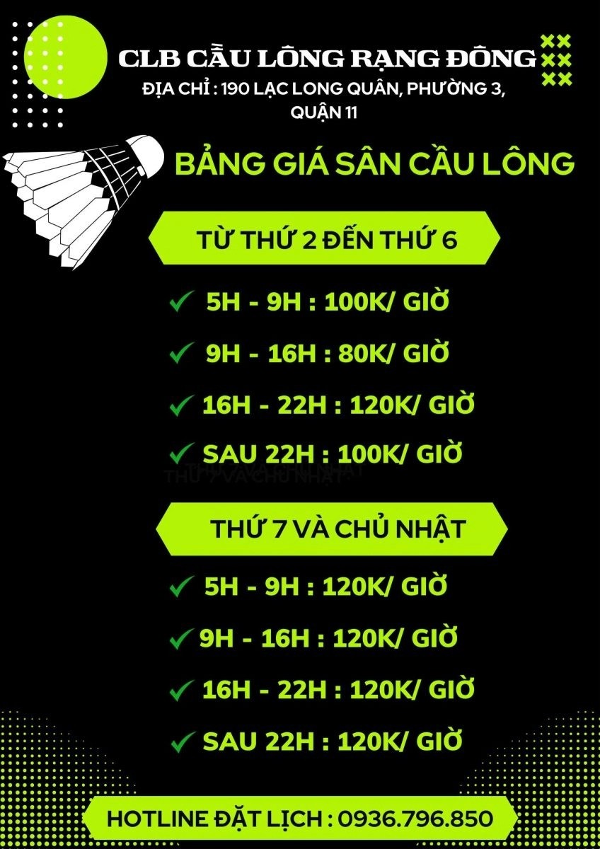 Bảng giá thuê sân cầu lông Rạng Đông Quận 11