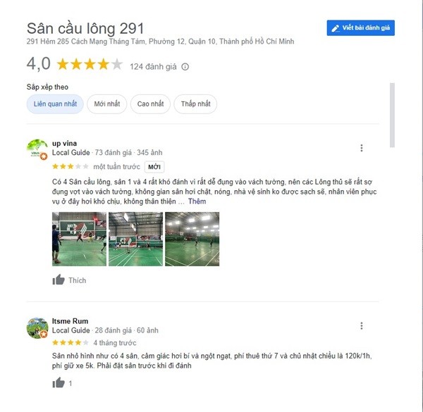 Khách hàng phản hồi chưa hài lòng về sân cầu lông 291