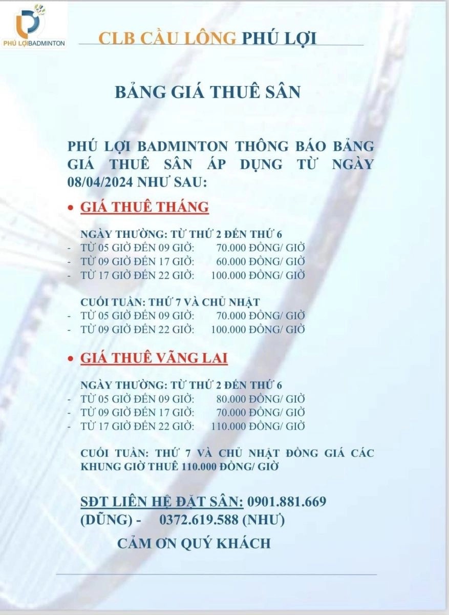 Bảng giá thuê sân cầu lông Phú Lợi Quận 8
