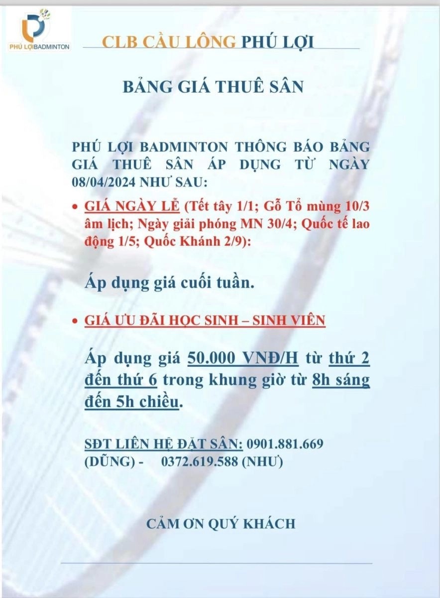 Giá thuê sân cầu lông Phú Lợi Quận 8 cho học sinh sinh viên