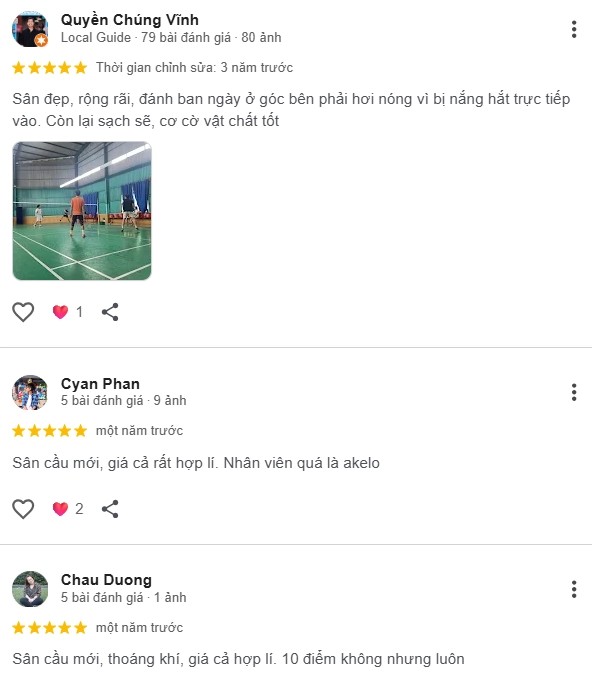 Đánh giá của người chơi tại sân cầu lông quân khu 7