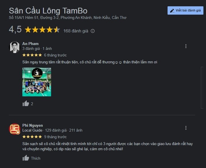 Đánh giá tốt tại sân cầu lông Tam Bo